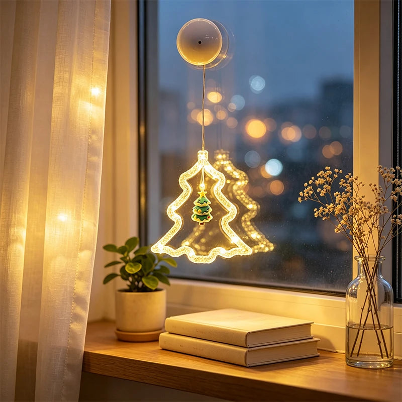árvore de natal de acrílico com led presa na janela com ventosa