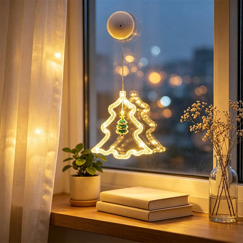 árvore de natal de acrílico com led presa na janela com ventosa