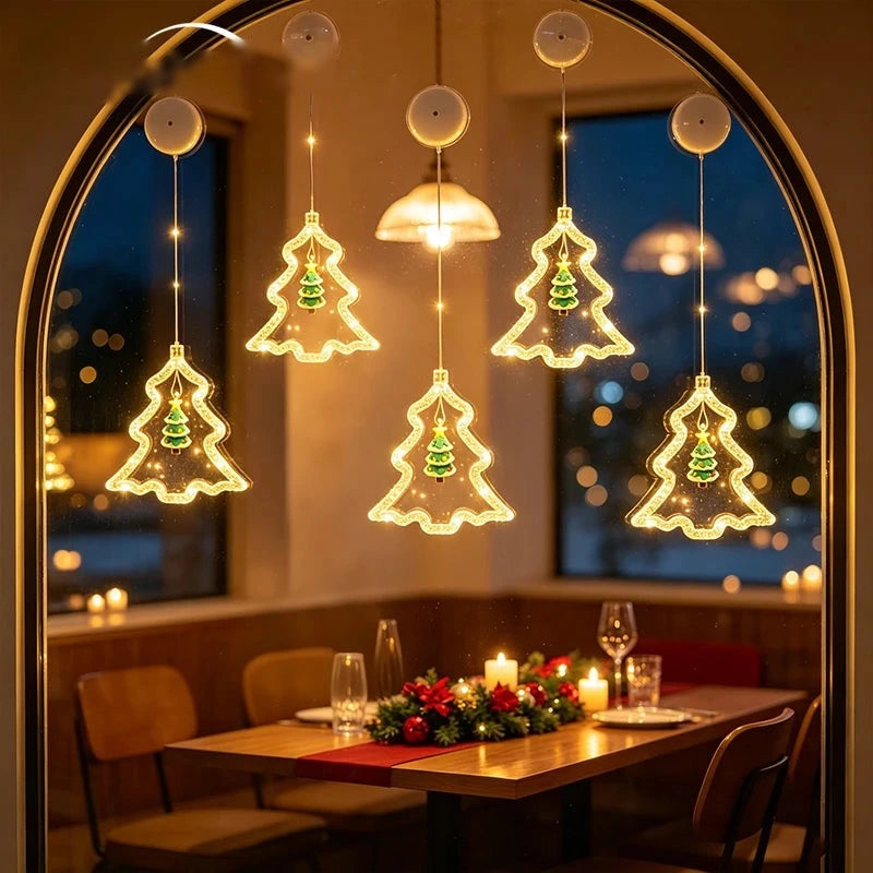 árvores de natal luminosas com ventosa na janela da sala de jantar
