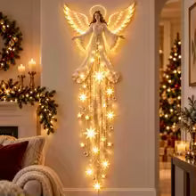 modelo anjo de natal iluminado na parede da sala