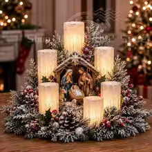 arranjo natalino com velas led e presepio da sagrada familia