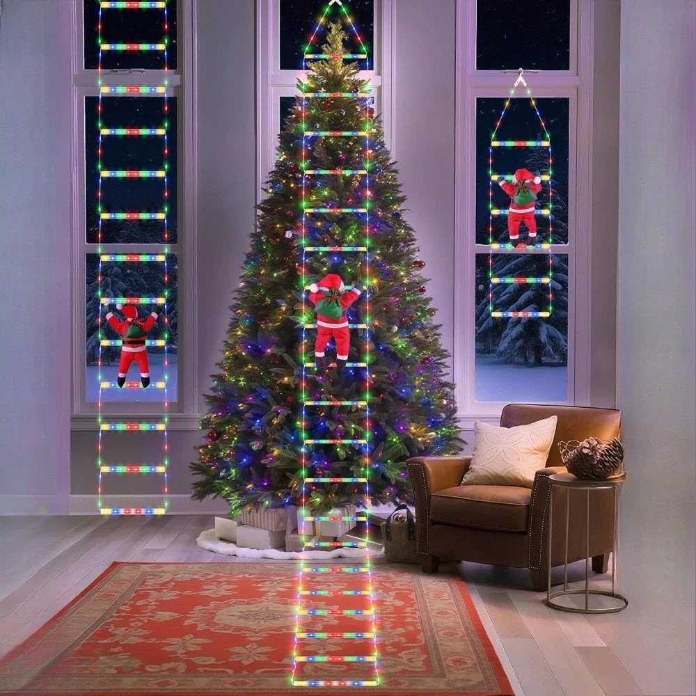 escada de luz colorida com papai noel na árvore de natal e na janela