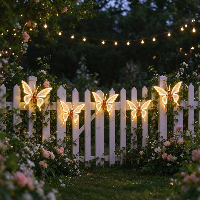 borboletas luminosas com estaca em cerca de jardim à noite