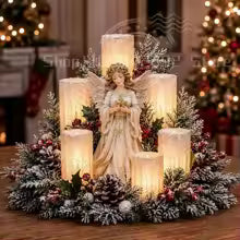 arranjo de natal com anjo e velas sem chama na sala decorada