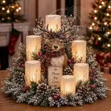 arranjo de natal com rena de cachecol e velas led acesas
