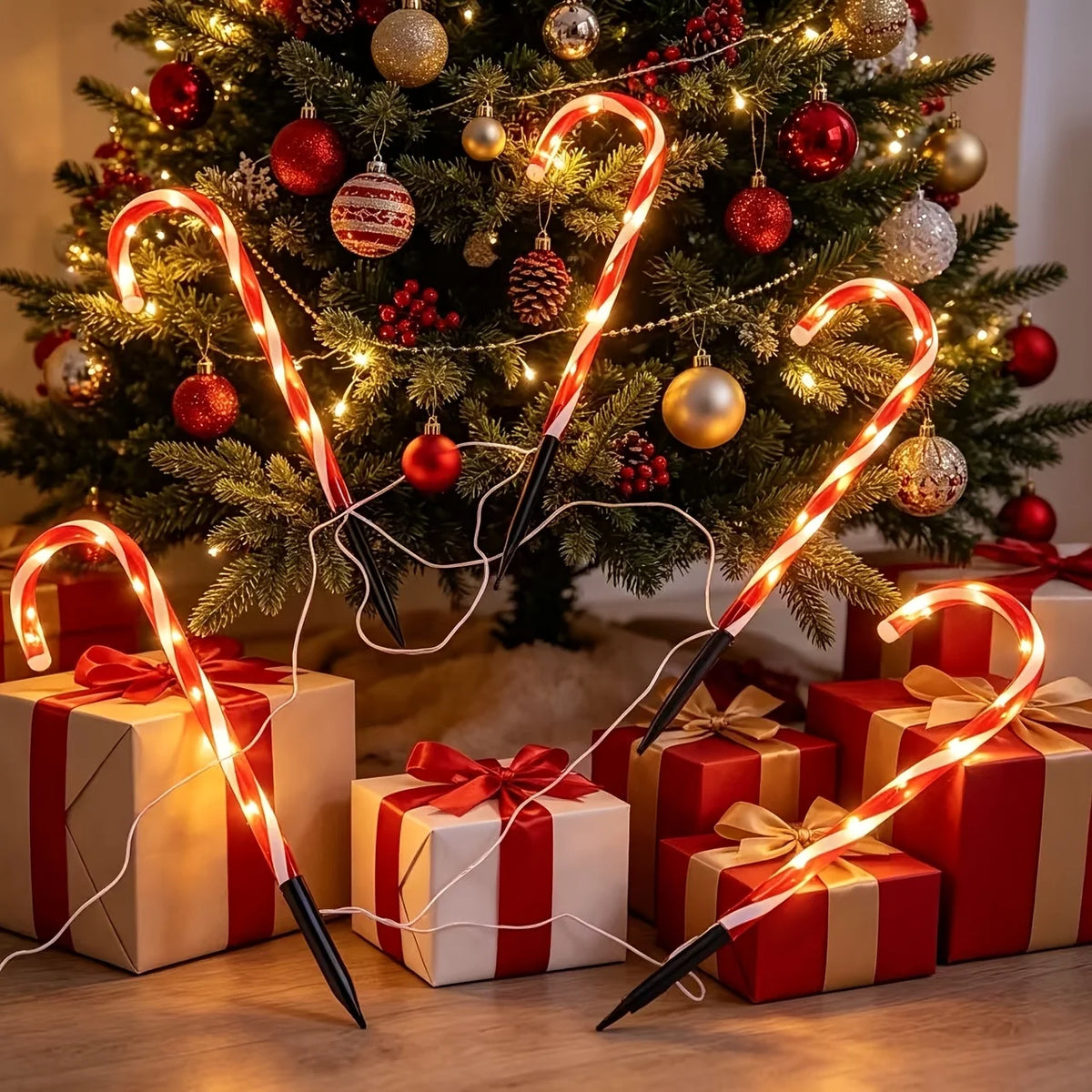 bengalas de natal com luz led ao lado da árvore de natal e presentes