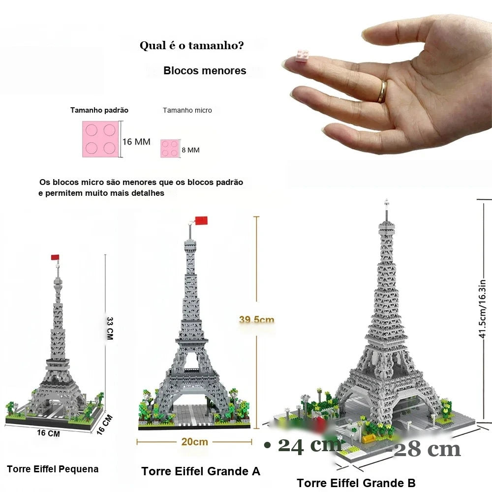 tamanho dos blocos de montar micro e medidas das torres eiffel