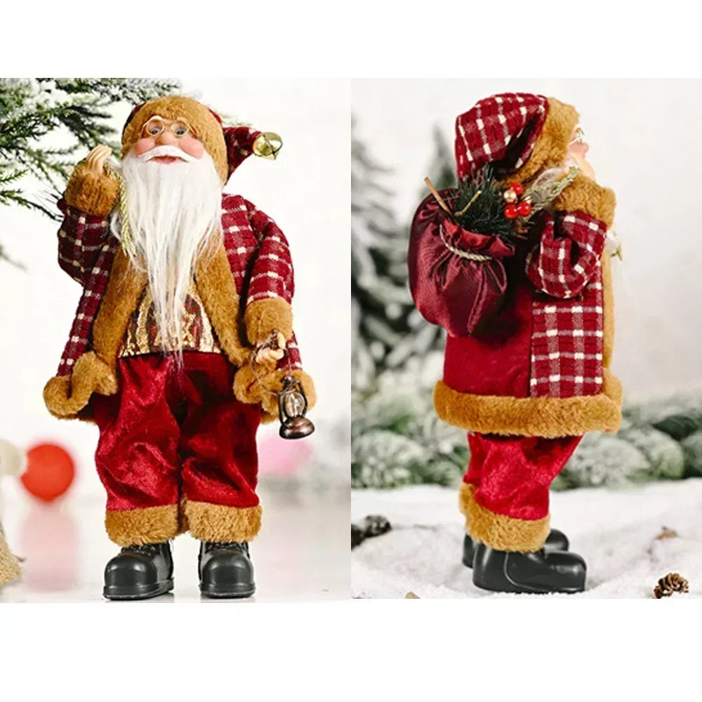 papai noel de pelúcia com lanterna visto de frente e de costas