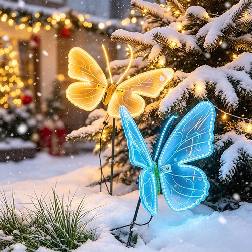 borboleta led branco quente e azul com estaca no jardim