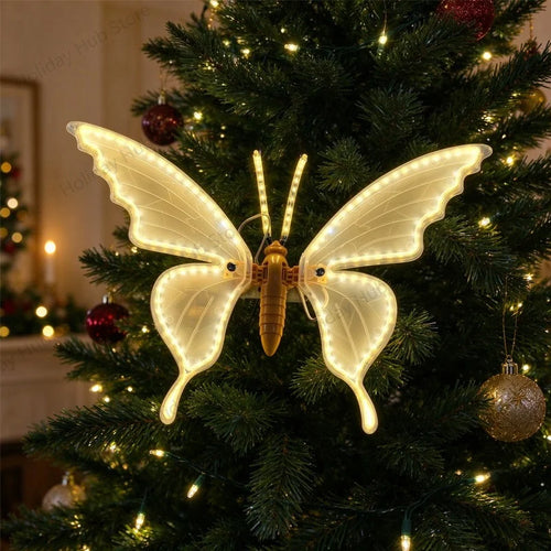 borboleta luminosa de led pousada na árvore de natal