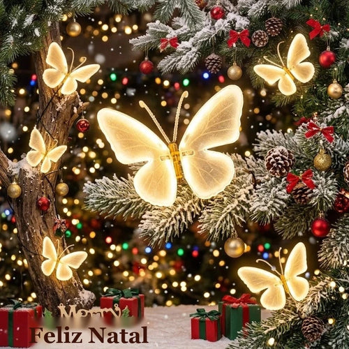 borboleta luminosa de led branca entre galhos decorados
