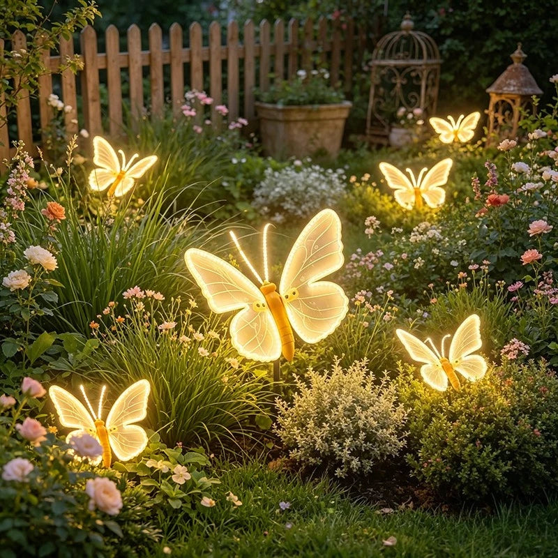 borboletas de led iluminando canteiros de jardim com cerca de madeira