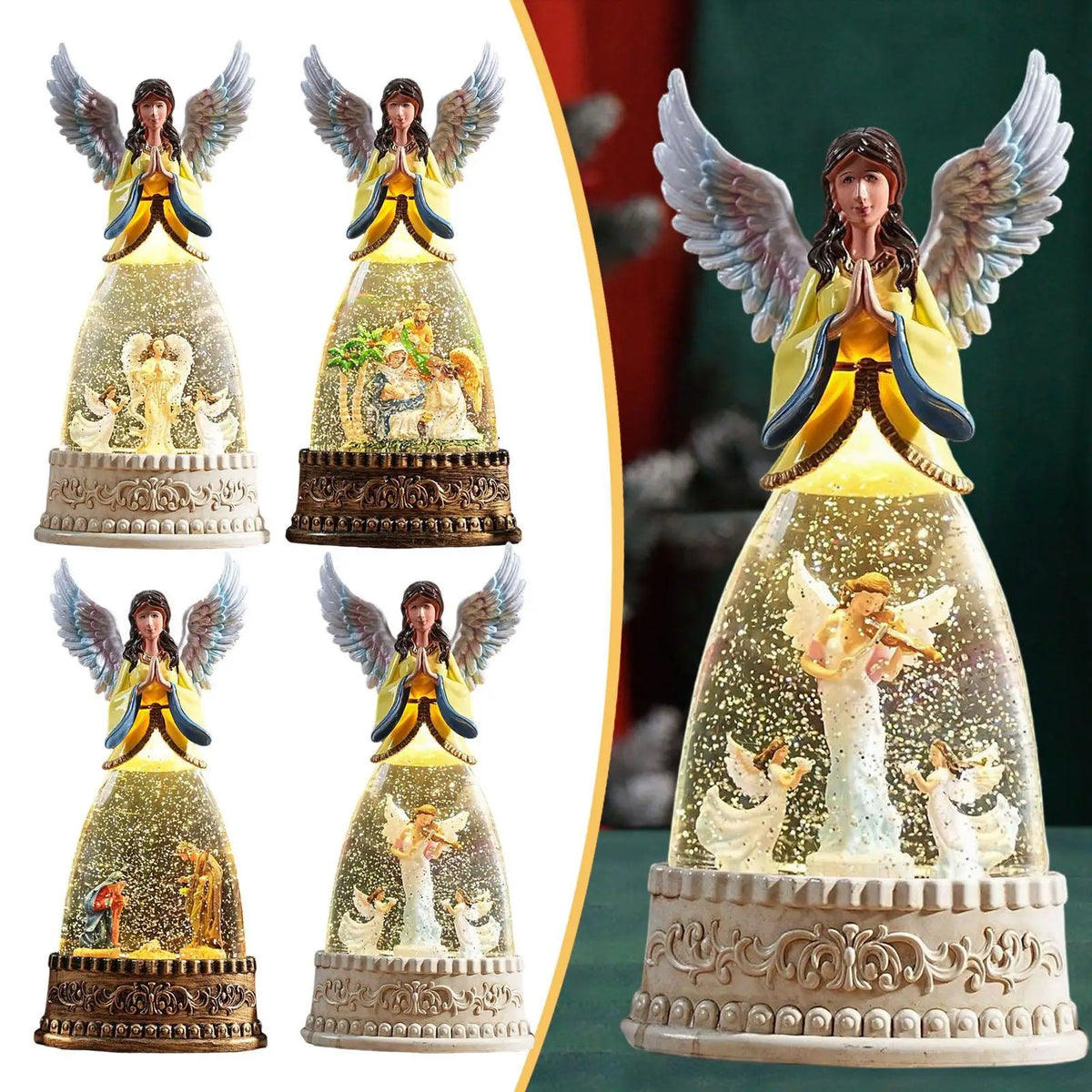 quatro modelos de caixa de música natalina com anjo e cúpula cintilante