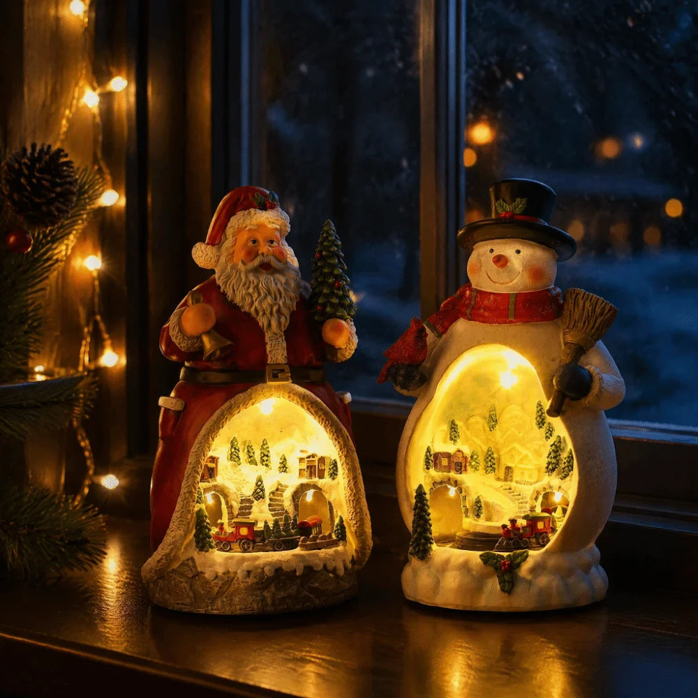caixa de música de natal papai noel e boneco de neve iluminados na janela