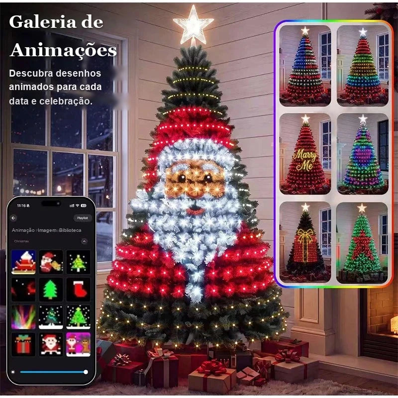 cascata de led pixel na árvore de natal formando o rosto do papai noel