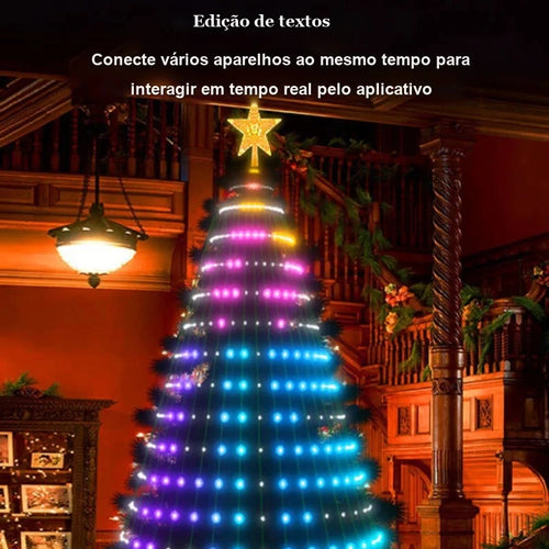 árvore de natal com cascata de led colorida e ponteira de estrela