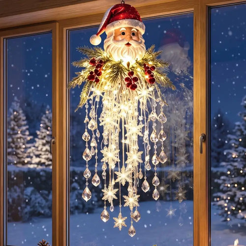 cascata de luz de natal com papai noel e cristais na janela
