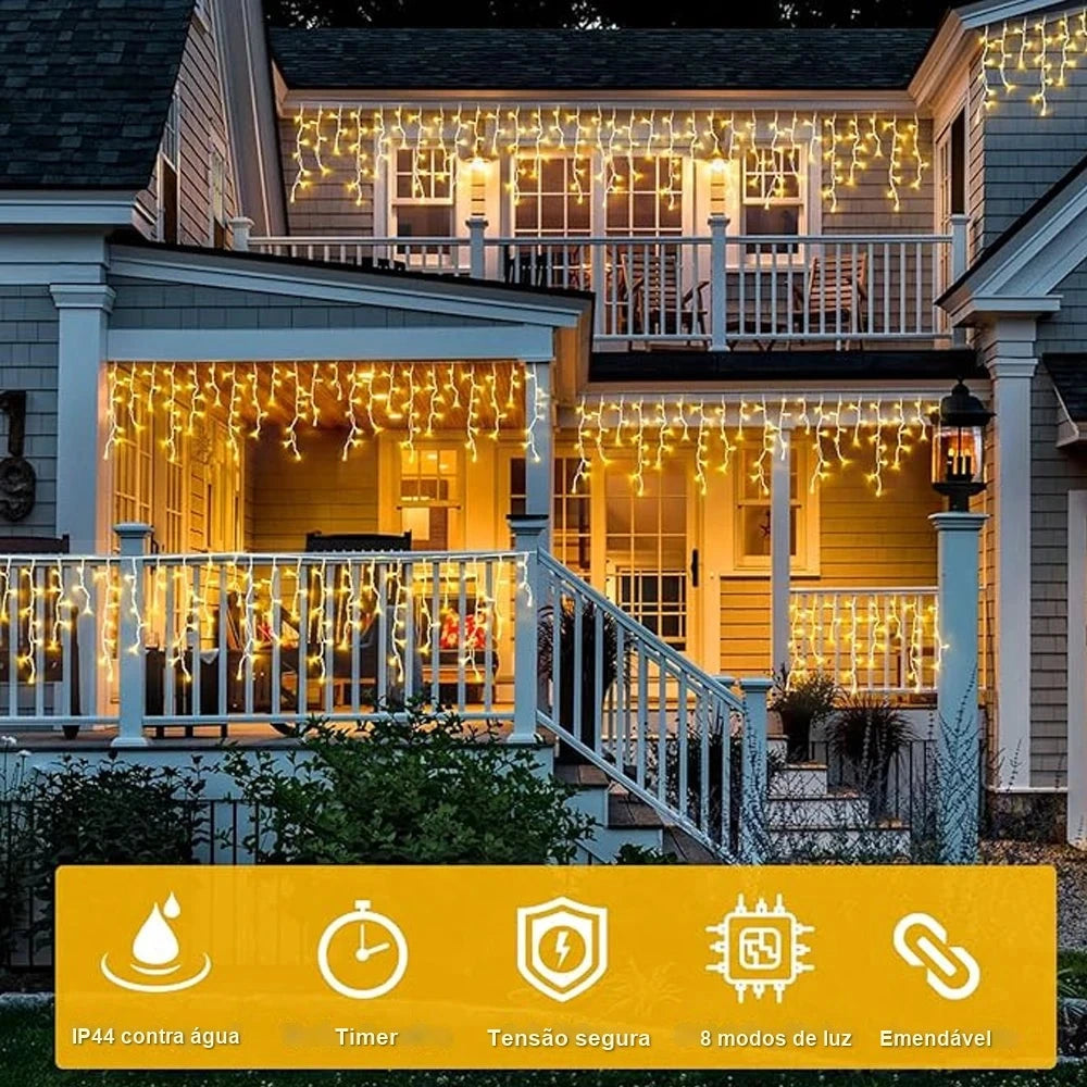 cascata de luz de natal na varanda com proteção ip44 e 8 modos