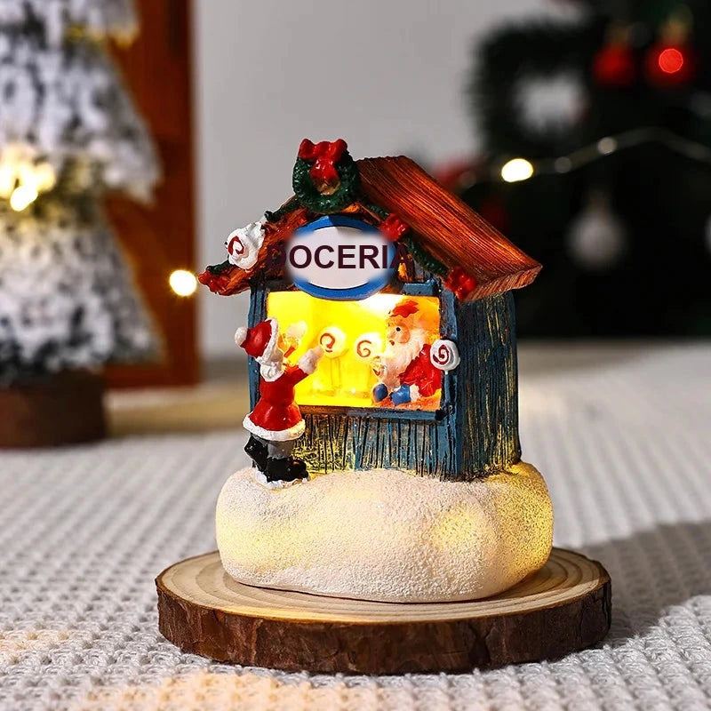 casinha de natal iluminada em resina com papai noel na janela