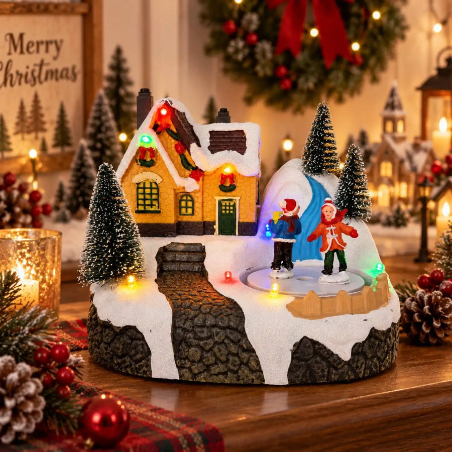 Casinha de Natal Musical com Patinadores Giratórios e LED