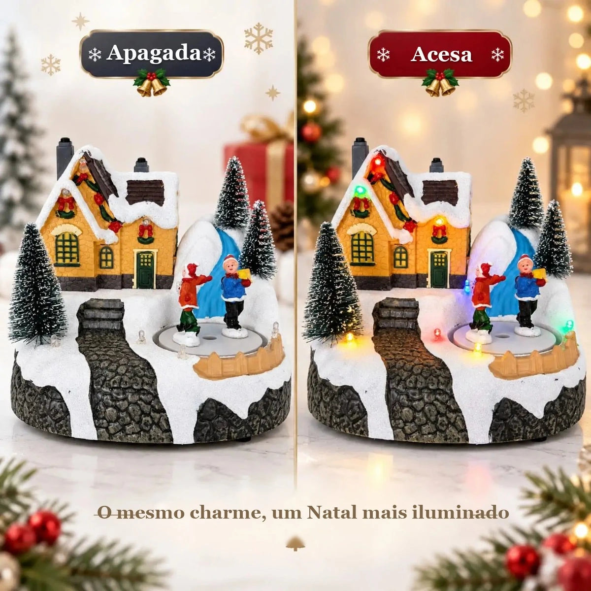 casinha de natal musical apagada e acesa