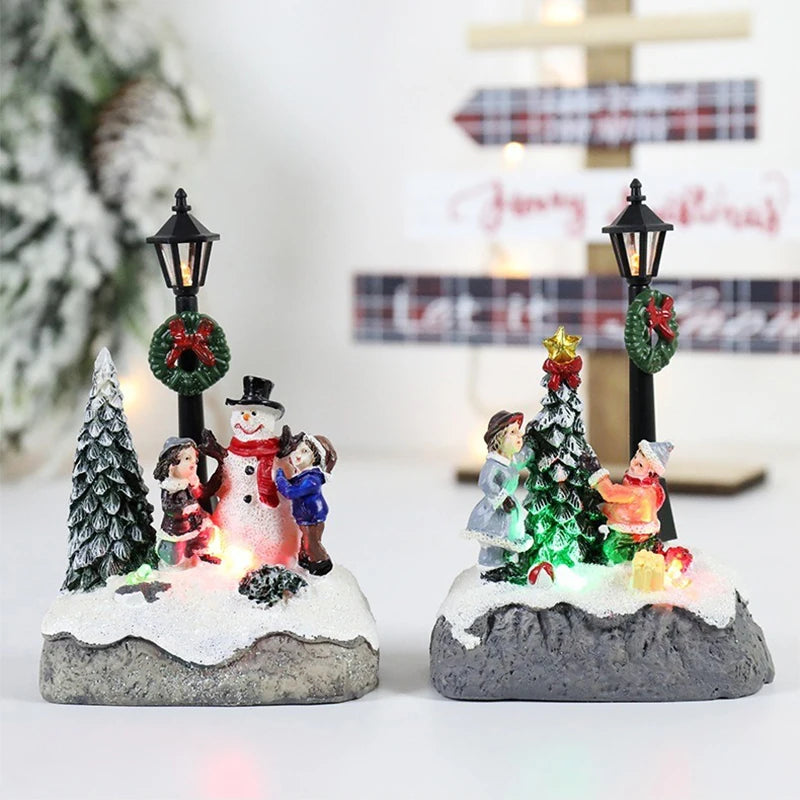 cena de vila de natal iluminada com boneco de neve e crianças
