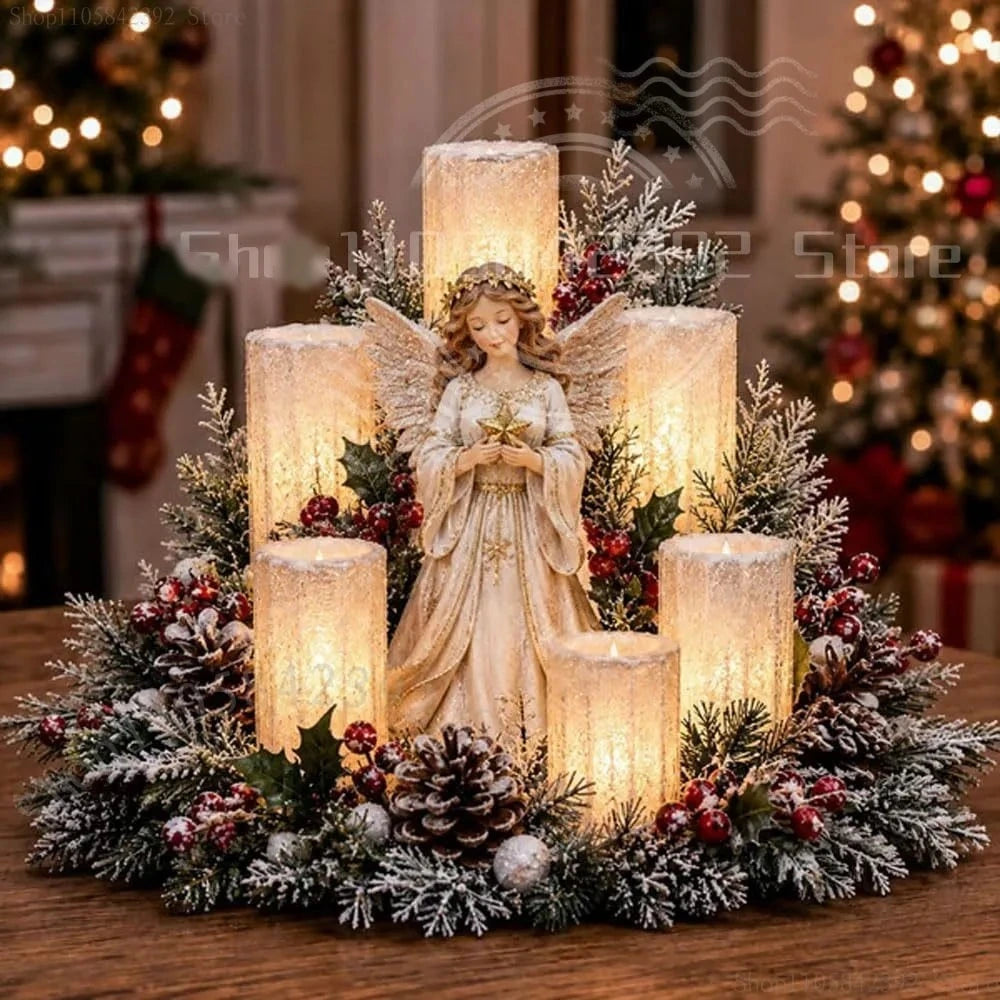 centro de mesa de natal com velas led e anjo em resina sobre a mesa