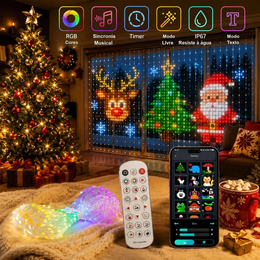 Cortina de LED Inteligente com Desenhos, Textos e Música