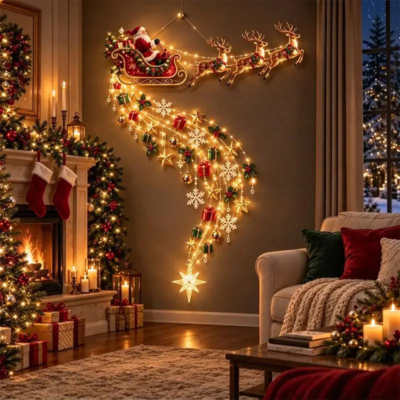 decoracao de parede de natal treno do papai noel e renas iluminado