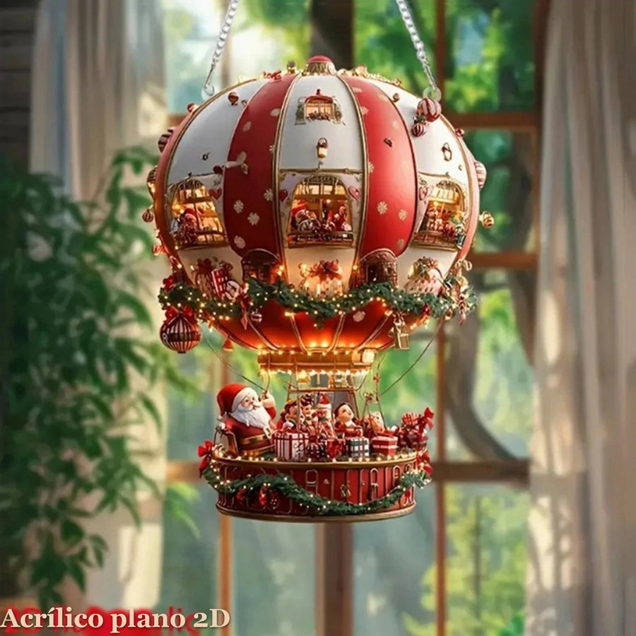 Enfeite de Acrílico Balão de Ar Quente do Papai Noel 19 cm