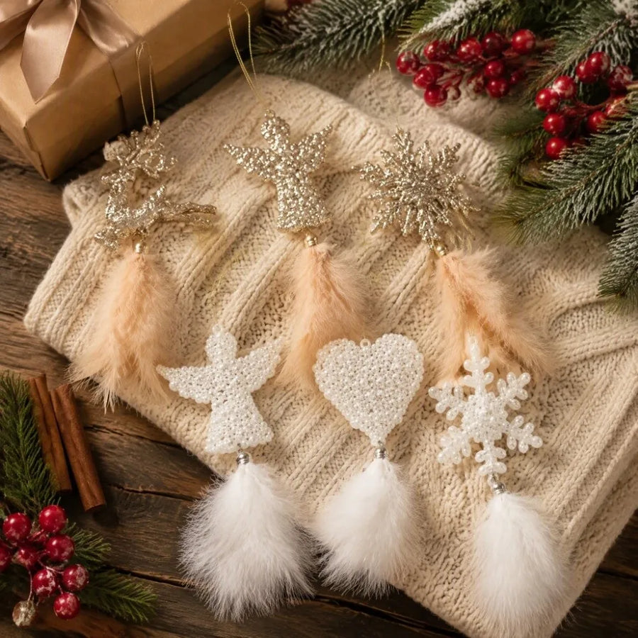 Enfeite de Árvore de Natal com Penas e Glitter para Pendurar