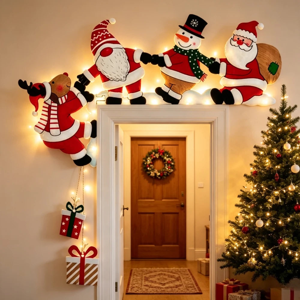 enfeite de canto de porta de natal em madeira com papai noel e rena