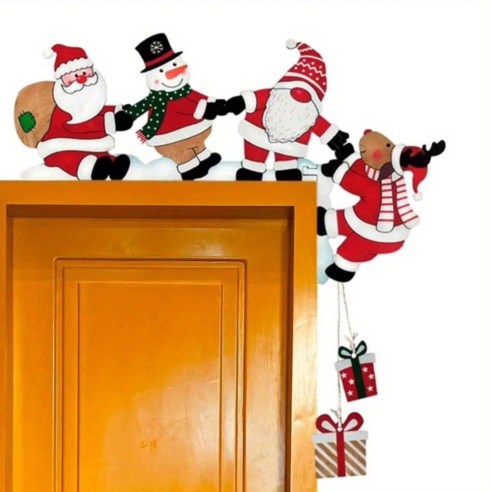 papai noel boneco de neve gnomo e rena de madeira no canto da porta