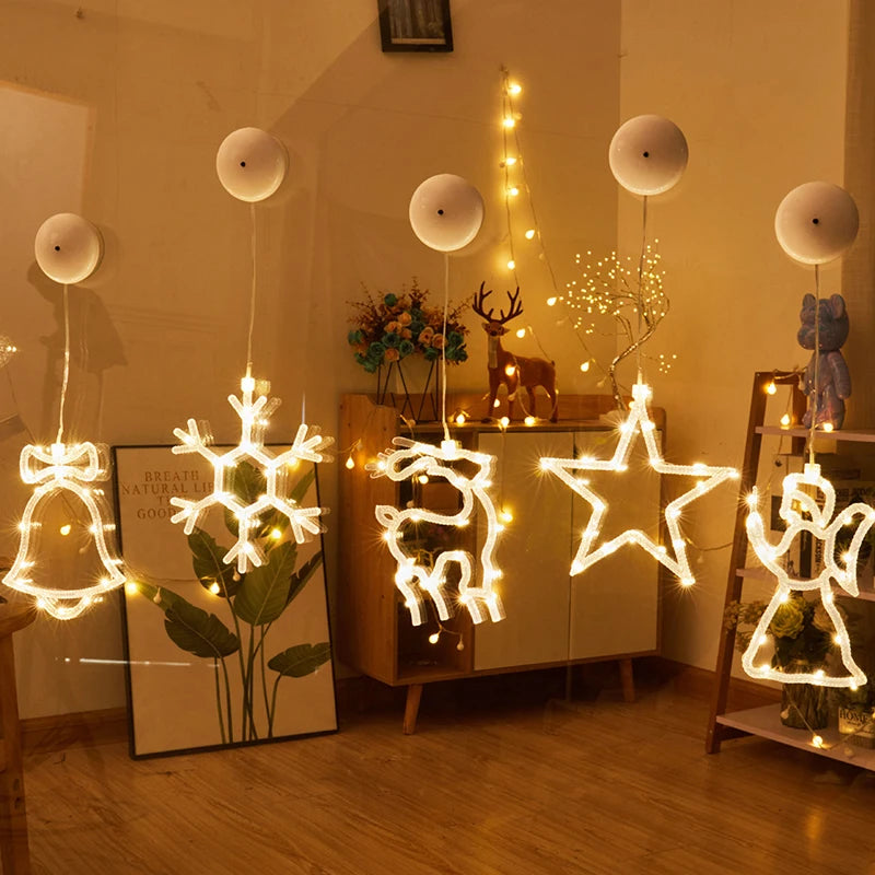enfeites de janela de natal com led e ventosa sino floco estrela e anjo