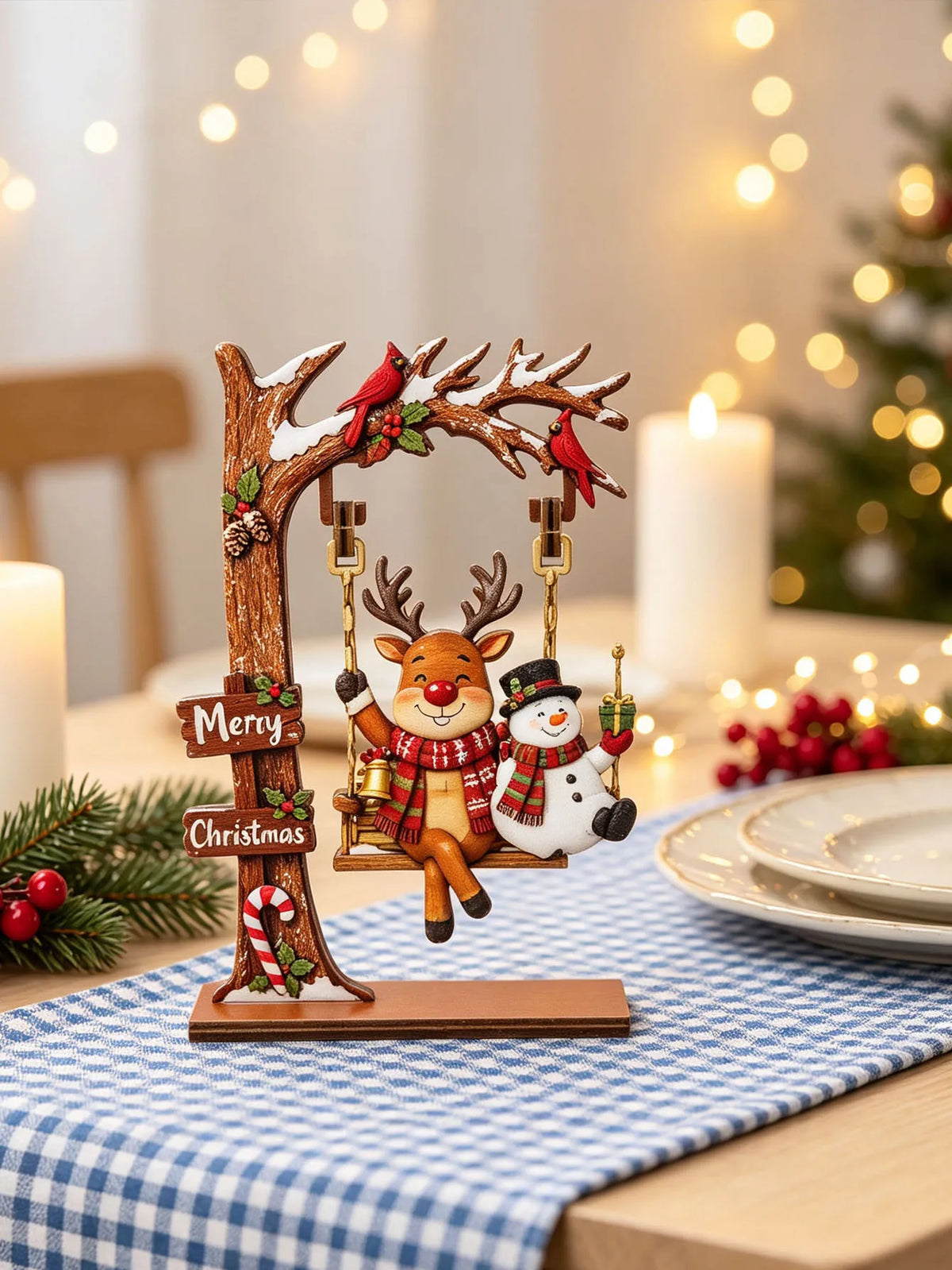 enfeite natalino de madeira rena e boneco de neve na mesa da ceia