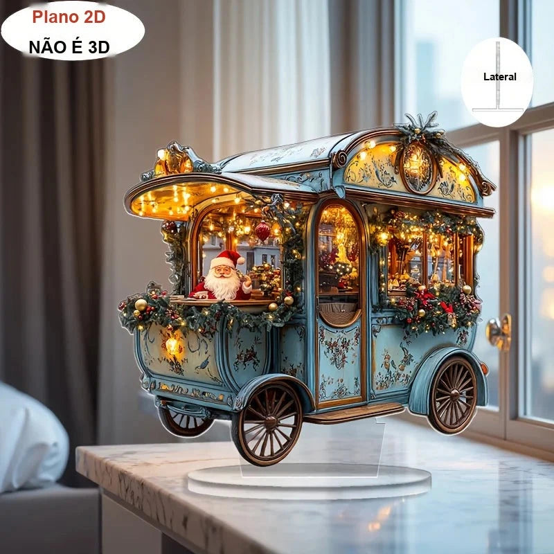 carruagem do papai noel em acrílico no balcão perto da janela