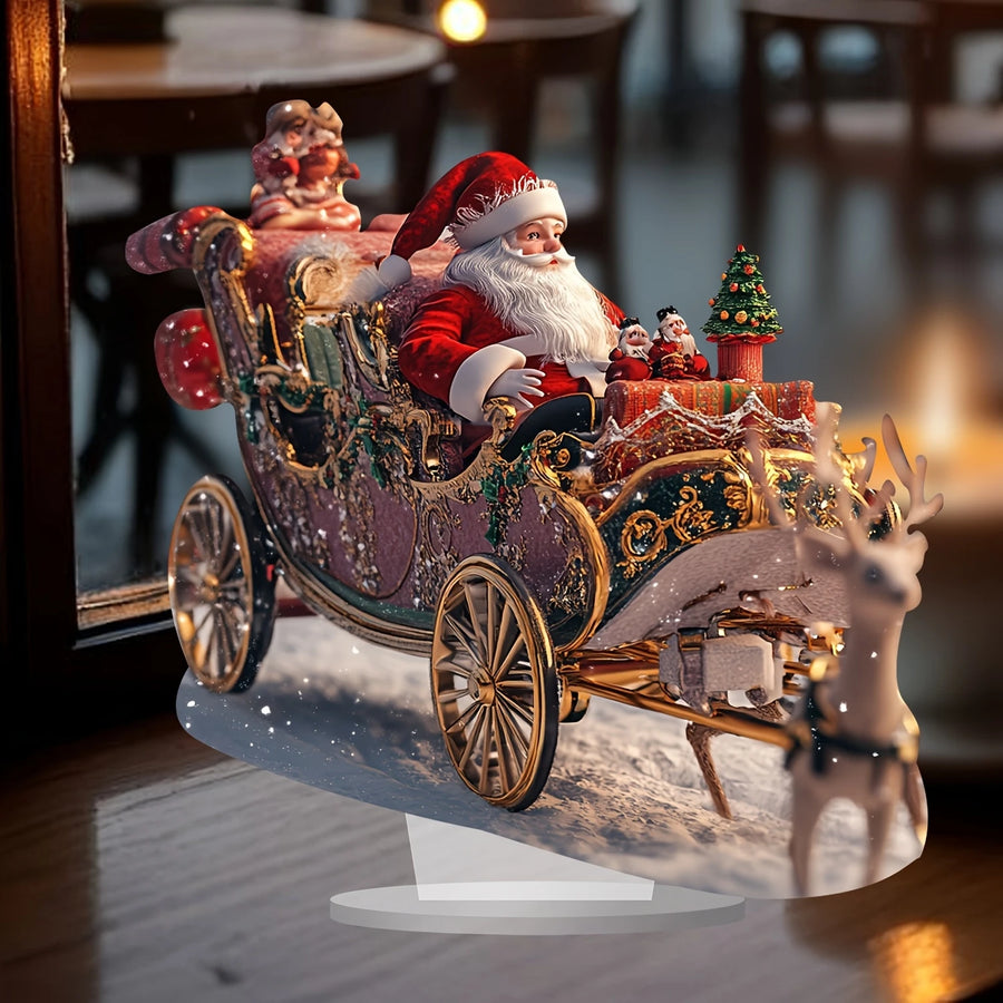 Enfeite de Mesa Papai Noel na Carruagem Vintage com Rena