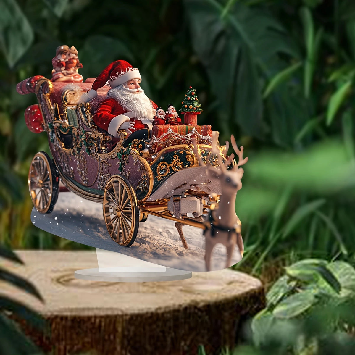 enfeite de natal retrô papai noel e rena com efeito de neve