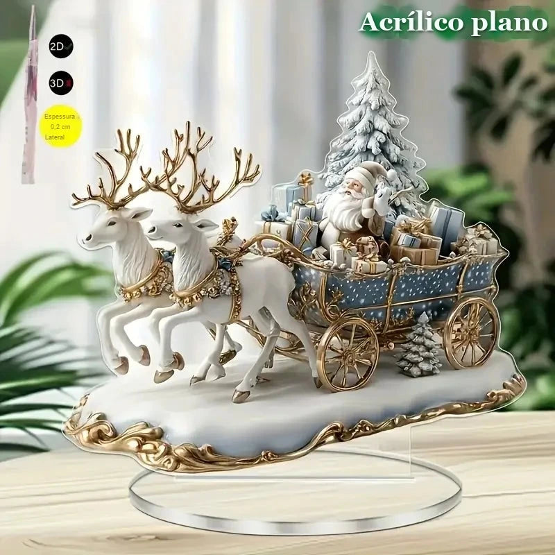 enfeite de mesa de natal papai noel no trenó com renas brancas em acrílico