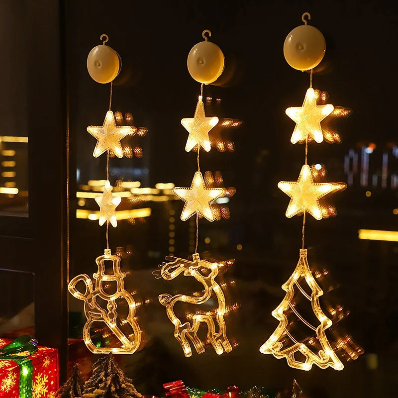 enfeite de natal com ventosa para janela com estrelas, rena, boneco de neve e árvore iluminados