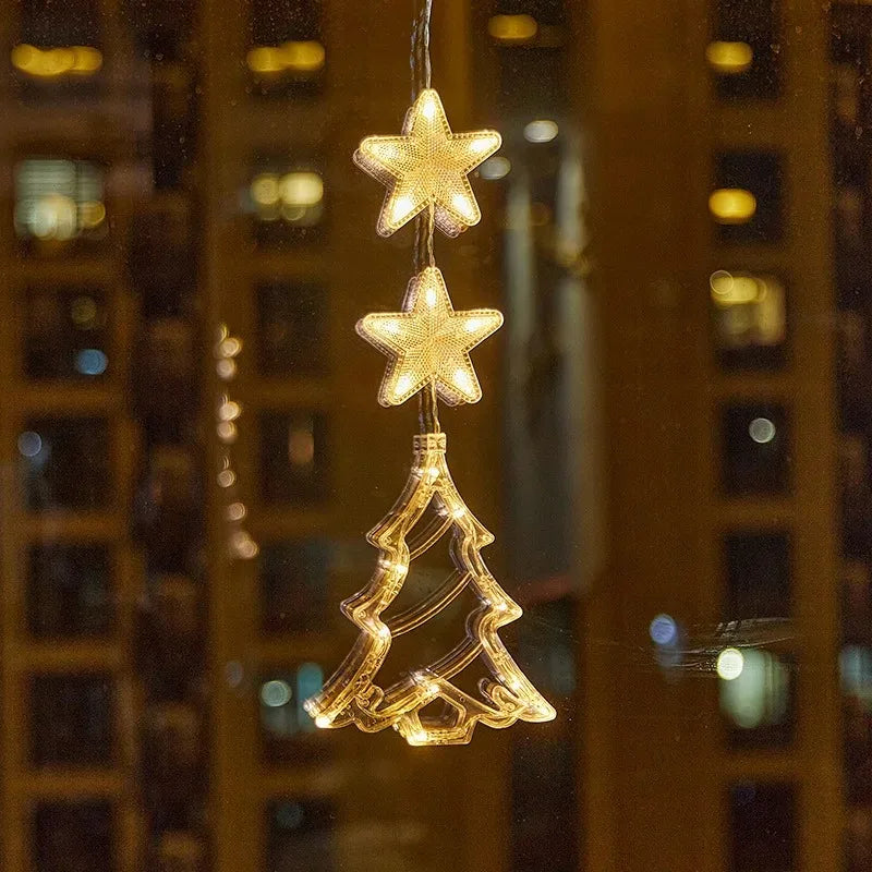 enfeite de janela árvore de natal com duas estrelas em luz led branco quente