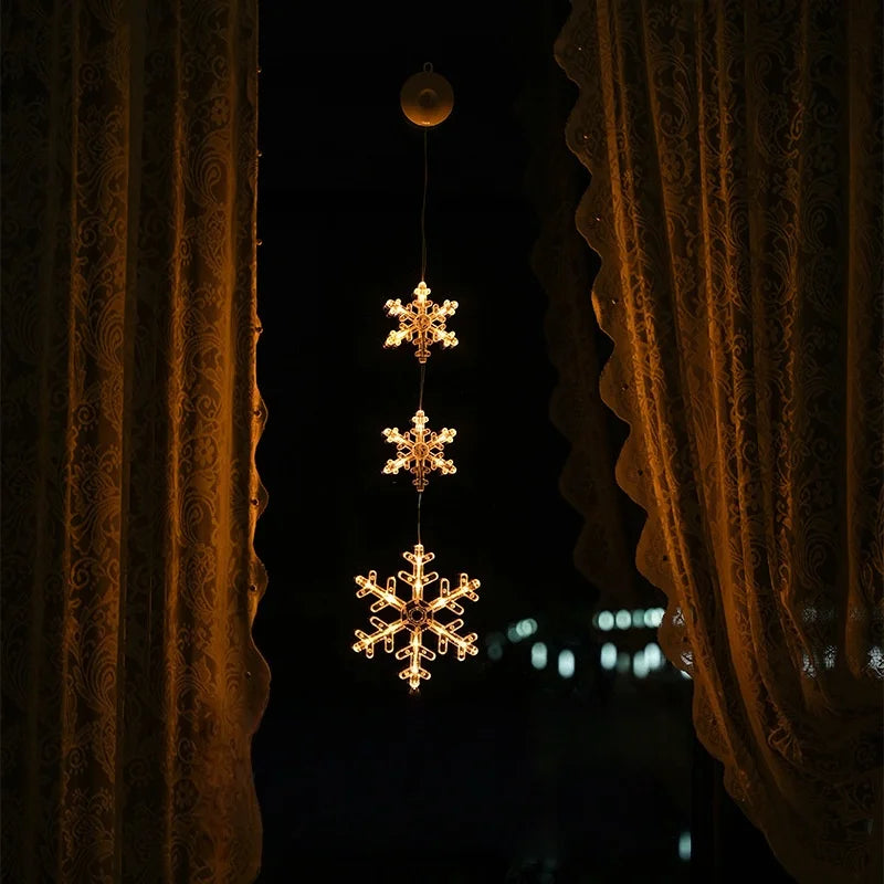 pendente de natal floco de neve iluminado com ventosa na janela