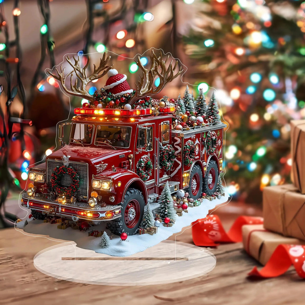 caminhão vermelho de natal em acrílico perto da árvore