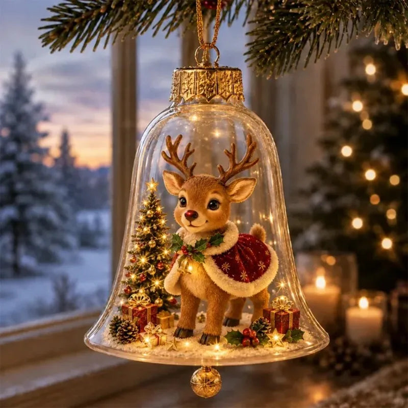 enfeite de natal sino dourado em acrílico com rena pendurado na janela