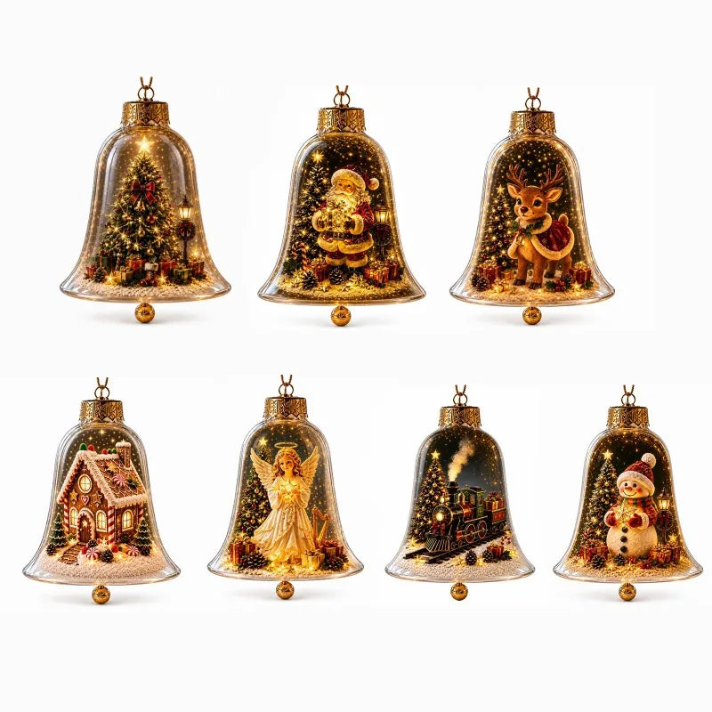 sete modelos de enfeite de natal sino dourado em acrílico
