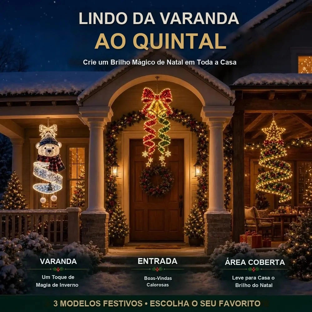enfeites luminosos de natal na varanda, entrada e área coberta