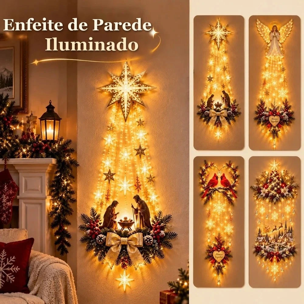 quatro modelos de enfeite de parede iluminado de natal estrela anjo cardeais e arvore