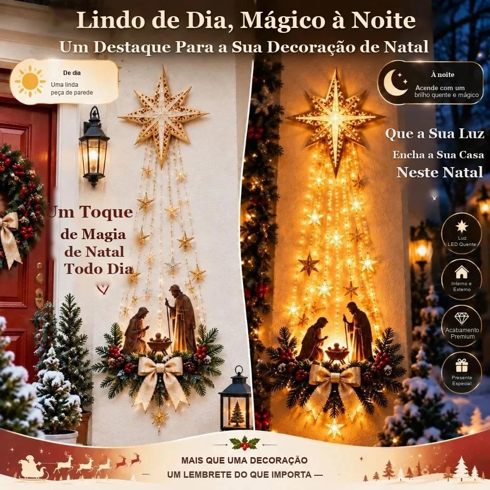 enfeite de parede de natal de dia e aceso a noite com luz quente