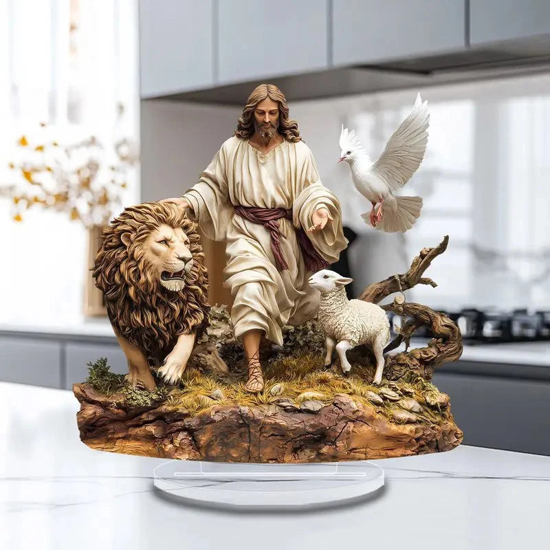 enfeite de acrílico jesus com leão e cordeiro na cozinha