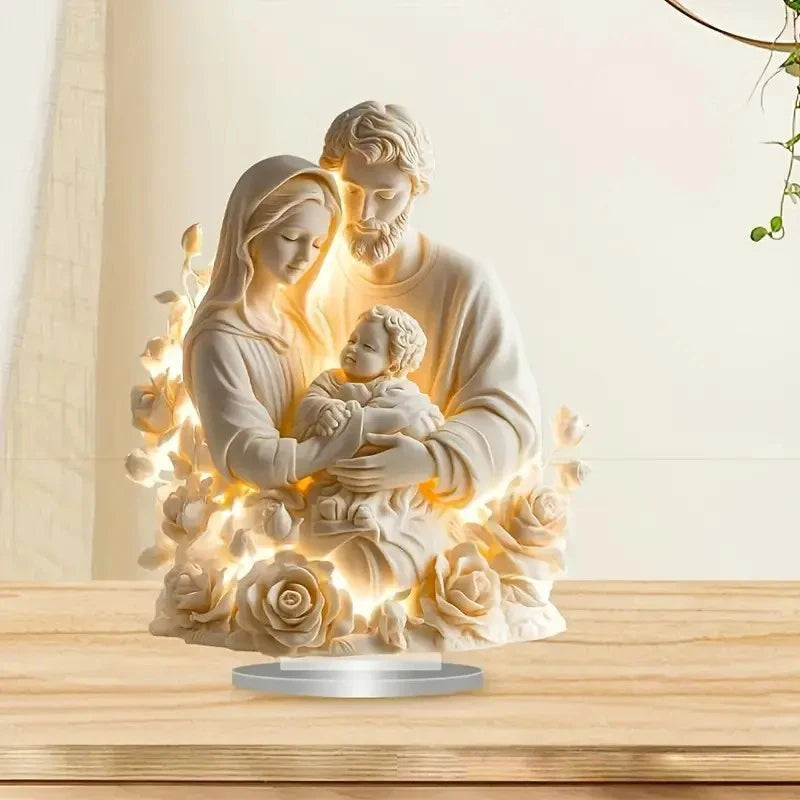 sagrada família em acrílico com rosas para decoração de natal